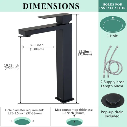 Miniatura 5 de Tohlar Grifo de lavabo de recipiente negro, grifo de baño alto, moderno grifo de fregadero negro de una sola manija para montaje en cubierta de 1