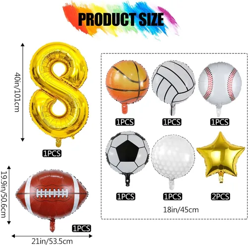 Miniatura 2 de Globos de aluminio deportivos de 9 piezas, para fútbol, baloncesto, béisbol, voleibol, golf, fútbol y números, globos de aluminio de Mylar