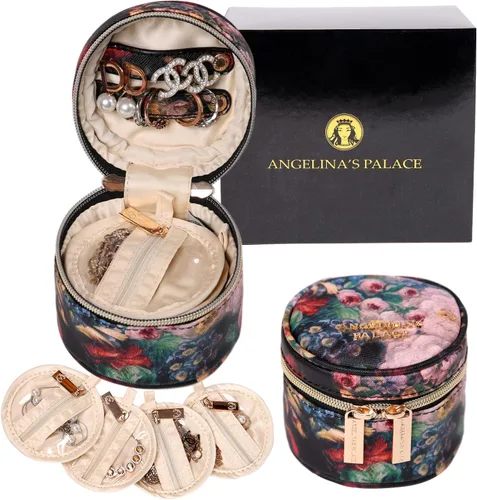 Angelina's Palace Organizador redondo de joyas, bolsa de viaje, regalos de dama de honor, caja de cuero vegano para collar, aretes, pulsera, anillo