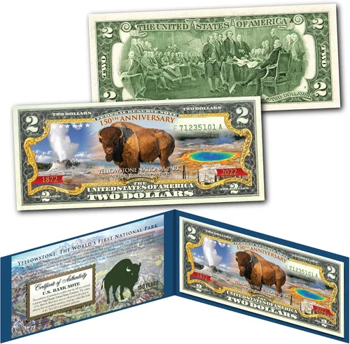 Yellowstone National Park 150 Aniversario 1872-2022 No Circular Dos Dólares Billete Edición Especial Coleccionable Soporte Expositor y Certificado