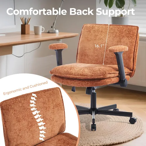 Miniatura 9 de Silla Cruzada con Brazos Abatibles y Ruedas con Bloqueo, Silla de Escritorio de Oficina de Tela de Felpa con Patas Cruzadas, Silla Giratoria