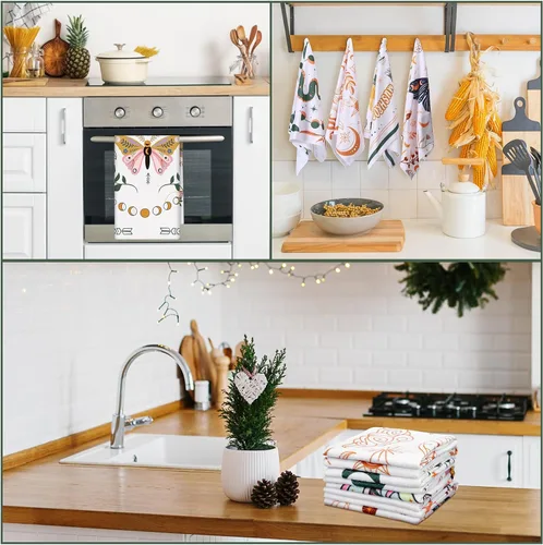 Miniatura 7 de Zubebe Paquete de 6 toallas de cocina bohemias de 18 x 28 pulgadas, toallas de cocina absorbentes con diseño de hongos y luna celestial, regalos