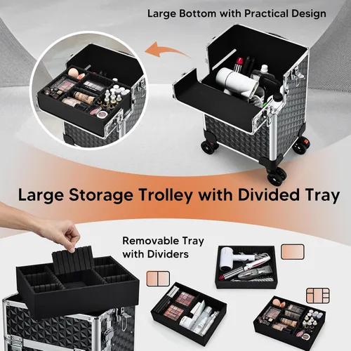 Miniatura 4 de Estuche de maquillaje profesional rodante, 3 en 1, estuche de cosmetología sobre ruedas, carrito de maquillaje grande para peluquería y peluquería
