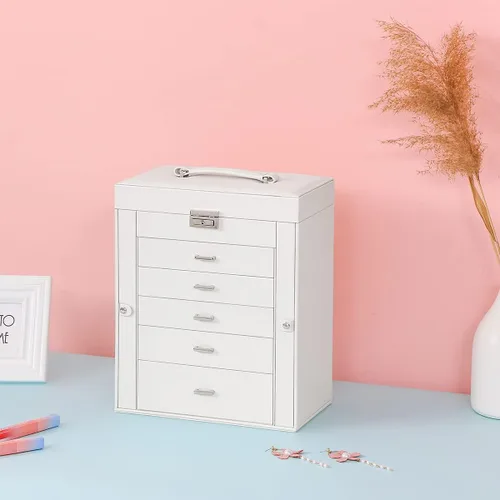 Miniatura 9 de ANWBROAD Enorme caja de joyería de 6 niveles organizador de joyas con cerradura de espejo caja de joyería para niñas aretes anillos collares