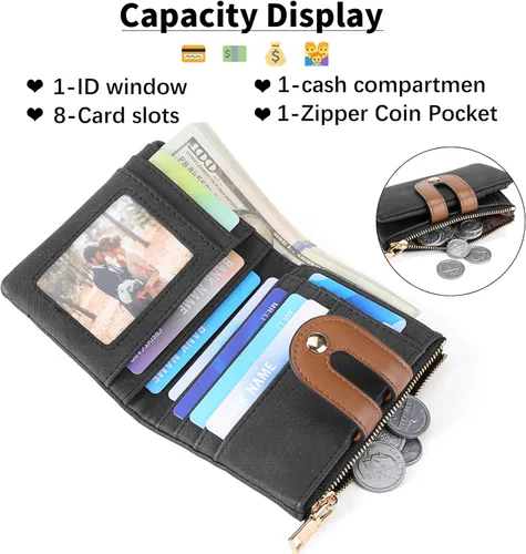 Miniatura 2 de RNIEGA Billeteras pequeñas para mujer, de cuero, plegable, con bloqueo RFID, tarjetero compacto con bolsillo para monedas con cremallera
