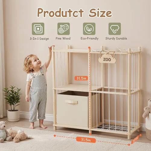 Miniatura 2 de LAMU Almacenamiento de animales de peluche, organizador de animales de madera con rellenos de zoológico con cordones elásticos, organizadores