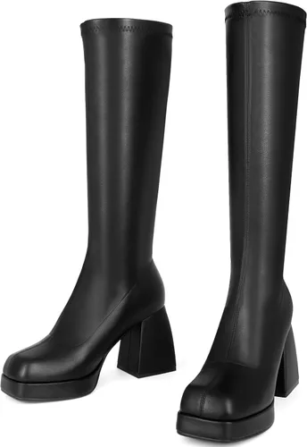 Miniatura 3 de Botas de cuero negro con plataforma para mujer, botas de tacón grueso con punta cuadrada