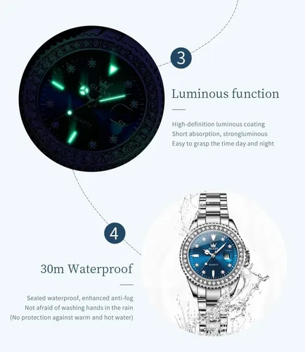Miniatura 6 de Relojes OLEVS para Mujer con Diamantes y Fecha, de Lujo, de Cuero, Impermeable, de Pulsera, Reloj Analógico de Vestir, de Acero Inoxidable