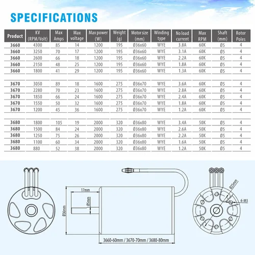 Miniatura 7 de Surpass Hobby 3660 2600KV Eje motor sin escobillas 0.197 in con chaqueta de refrigeración por agua para barco RC (2600kv)