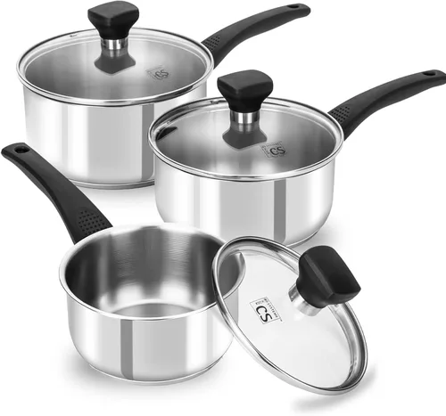 KOCH SYSTEME CS Sartén de acero inoxidable con tapa, juego de cacerolas de acero inoxidable de 1 cuarto de galón, 2 cuartos y 3 cuartos de galón con