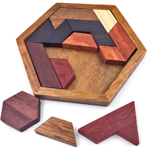 KINGOU Rompecabezas de madera hexagonal Tangram para niños y adultos, rompecabezas de madera para niños y adultos, juegos de rompecabezas para