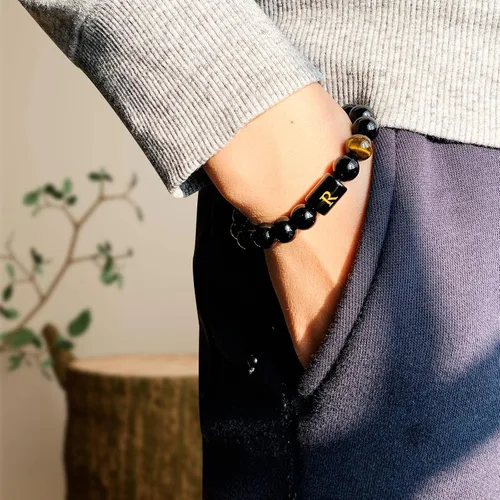 Miniatura 94 de SUMMER LOVE Regalos para el Día del Padre, pulsera con inicial de piedra de ónix negro de 0.394 pulgadas para hombres, pulsera de cuerda trenzada