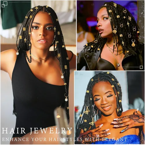 Miniatura 5 de Juego de accesorios dorados para el cabello de 236 piezas: joyas, dijes, anillos y puños para trenzas, rastas, estilos de Loc y peinado rave