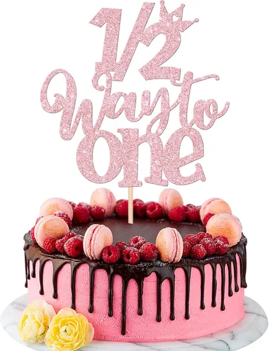 ZHUOWEISM Half Way to One - Decoración para tartas, 1 palillo rosa claro con purpurina para decoración de fiesta de cumpleaños de 6 meses, 5.3 x 8.7