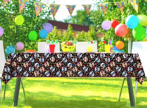 Miniatura 4 de Mantel de plástico con diseño de Día de los Muertos, diseño mexicano de calavera de azúcar, diseño de calavera de azúcar, impermeable, desechable