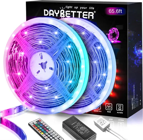 DAYBETTER - Luces LED de 65.6 pies, tira de luces LED RGB 5050 flexibles que cambian de color, 2 rollos de luces LED de 32.8 pies para decoración de