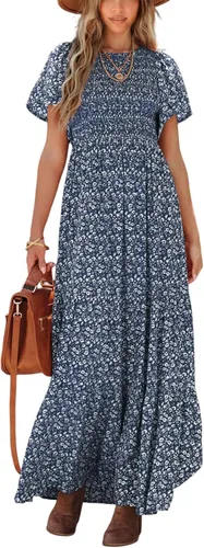 PRETTYGARDEN Vestido largo casual de verano para mujer, de manga corta, bohemio, floral, cuello redondo, fruncido y escalonado