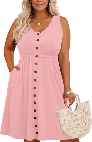 Miniatura 32 de Holipick Vestidos de verano para mujer, talla grande, casual, con bolsillos, acampanado, con botones, sin mangas, cuello en V