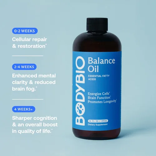 Miniatura 7 de BodyBio Aceite de equilibrio - Suplemento vegano Omega 3 6 - Aceite de cártamo y linaza prensado en frío - Apoya la función cerebral, la piel