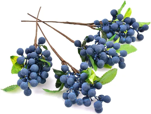 Bayas artificiales, 4 piezas de arándanos artificiales con tallos de Navidad, frutas realistas, arándanos falsos, flores de simulación para el día