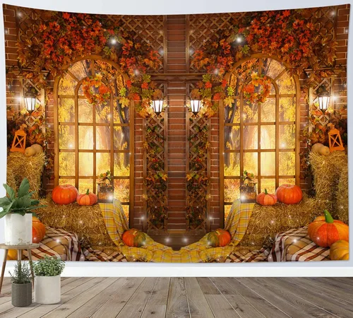Miniatura 8 de HVEST Tapiz de bosque otoñal para colgar en la pared, hojas de arce naranja y sol, tapiz para colgar en la pared, tapiz de hojas de árbol de otoño