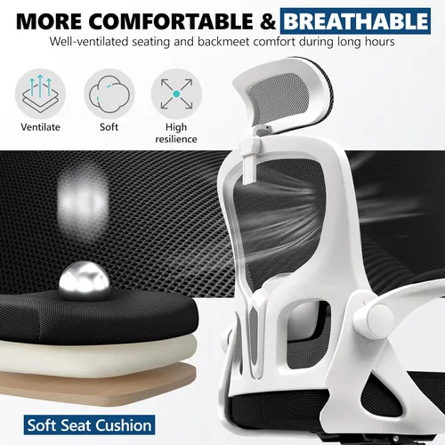 Miniatura 6 de Silla de oficina ergonómica, silla de escritorio de malla con reposacabezas ajustable y soporte lumbar, silla de computadora con ruedas con Blanco