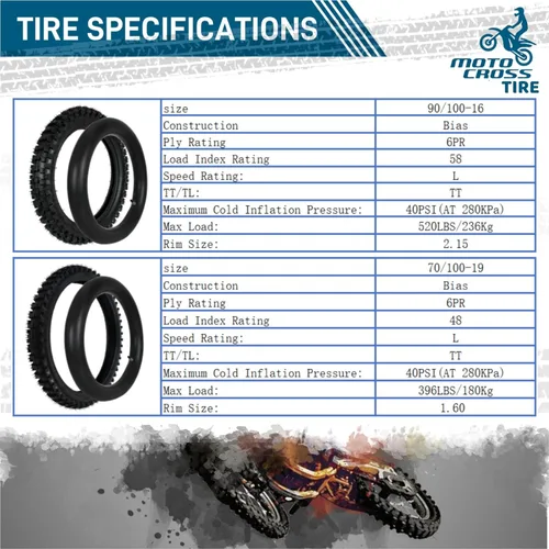 Miniatura 2 de 70/100-19" Neumático de rueda delantera + 90/100-16" trasera con cámara de aire sin llanta para Dirt Monkey Bike de 50cc - 150cc, Pit Bike