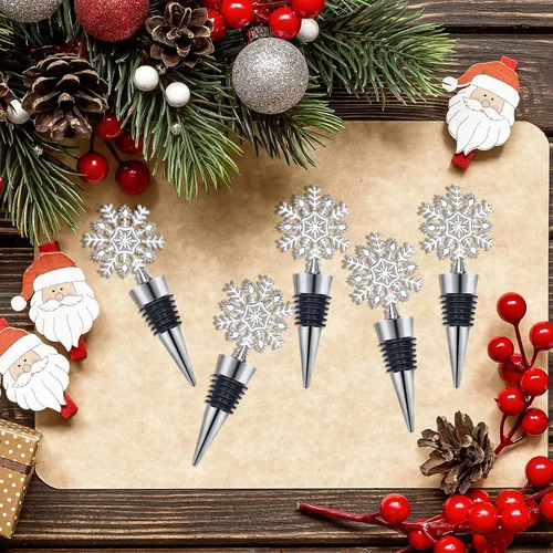 Miniatura 6 de Whaline Tapón de vino de copo de nieve de 4 piezas, tapón decorativo de Navidad, tapón de botella de metal para bebidas y cerveza para mantener