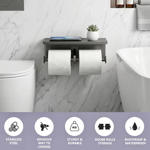 Miniatura 3 de Soporte de papel higiénico doble de acero inoxidable con estante de almacenamiento para teléfono (gris)