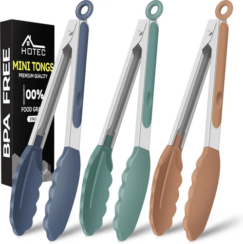 Miniatura 10 de Hotec Pinzas de cocina de silicona para cocinar, pinzas pequeñas de 7 pulgadas con puntas de silicona, juego de 3 (azul)