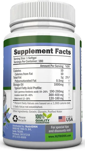 Miniatura 2 de NutriONN Aceite de borraja - 1000 mg - 180 cápsulas blandas - Aceite de semilla de borraja prensado en frío - Sin hexano y PA - Ideal para piel