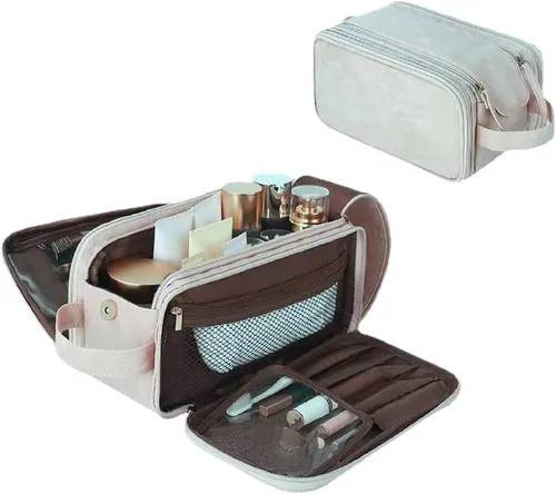 Miniatura 5 de ZITEZHGO Bolsa de viaje de maquillaje, bolsas de cosméticos impermeables para mujeres, bolsa de aseo de piel sintética de gran capacidad