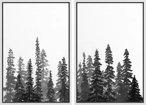 Miniatura 103 de SIGNWIN Lienzo enmarcado para pared, juego de arte con anillos de árbol de bosque grunge en blanco y negro, ilustraciones de naturaleza silvestre