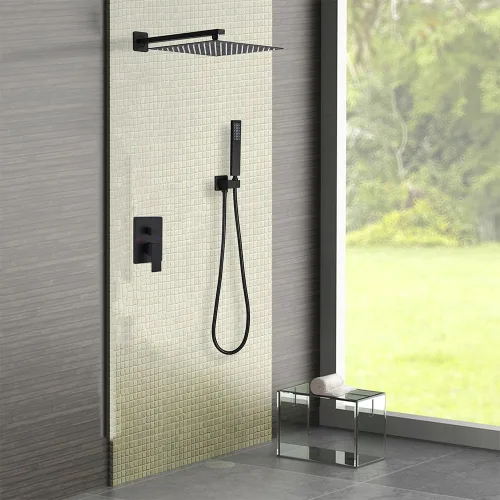 Miniatura 2 de Sistema de ducha negro mate de 10 pulgadas para baño, juego combinado de ducha de lujo con mezclador de lluvia, montado en la pared, grifo de ducha