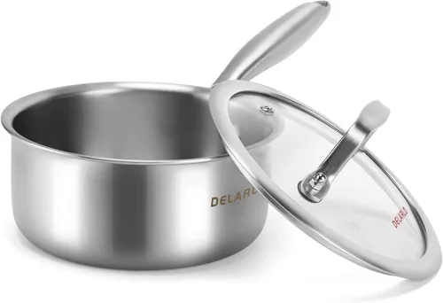 Miniatura 12 de DELARLO Cacerola de Acero Inoxidable Tri-Capa para Todo el Cuerpo de 3 Cuartos con Tapa, Apta para Horno 600℉, Sartén Saucier Resistente de 3