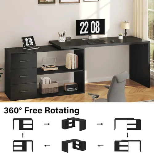 Miniatura 3 de HSH - Escritorio negro en forma de L con cajones y estantes, escritorio giratorio de 360 grados para oficina en casa, escritorio de esquina