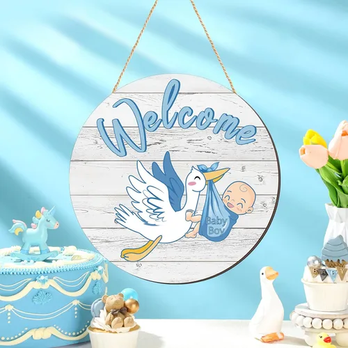 Chunful Letrero de bienvenida para puerta de bebé niño, decoración redonda de madera rústica, decoración de casa de campo, decoración de puerta