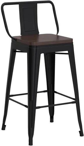 Miniatura 5 de Yongchuang Juego de 4 taburetes de bar giratorios de 26 pulgadas con respaldo, taburetes de bar industriales de metal negro con asiento de madera