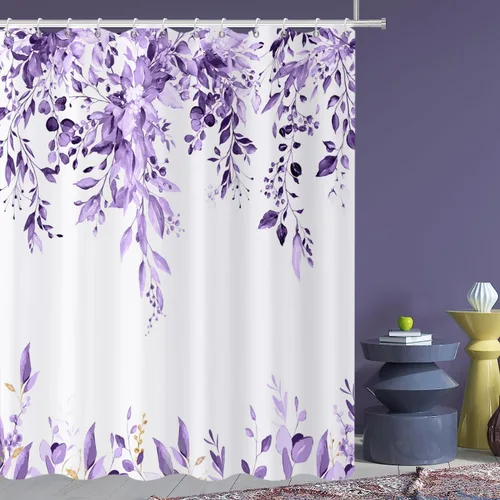 Miniatura 22 de Cortina de ducha de hojas de eucalipto en blanco y negro, hojas de acuarela negras y doradas, cortina de baño con plantas botánicas, tela