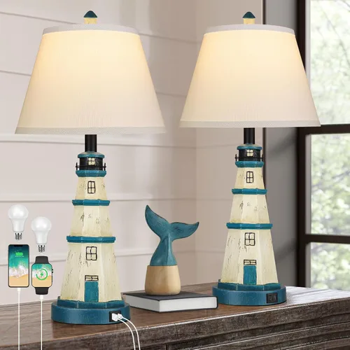 Miniatura 7 de WIHTU Juego de 2 lámparas de mesa modernas de faro, lámpara de mesa náutica blanca y azul marino, luces de lectura de resina de estilo náutico