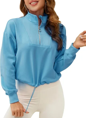 Miniatura 2 de SILKWORLD Sudadera recortada de otoño con media cremallera y panel de canalé para mujer, con bolsillos para adolescentes y niñas