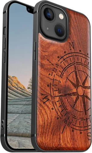 Miniatura 10 de Carveit Funda magnética de madera para iPhone 13 [madera real dura y TPU suave] Funda protectora híbrida de madera única y elegante a prueba