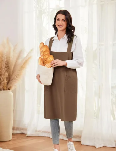 Miniatura 6 de Schine Pinafore de algodón con espalda cruzada para mujer, con bolsillos grandes, prácticos delantales para trabajos de jardinería, cocina, Marrón