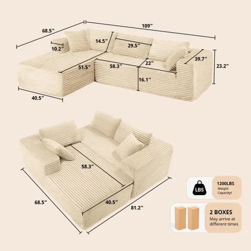 Miniatura 2 de COMHOMA - Sofá seccional modular de 105" con asiento profundo, sofá en forma de L tapizado en nube, brazos anchos, tela de corduroy, chaise lounge