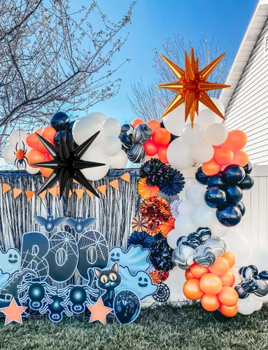 Miniatura 3 de Kit de arco de guirnalda de globos de Halloween, 116 piezas de arco de globos naranja y negro blanco, globos de papel de aluminio con estrella