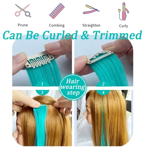 Miniatura 4 de Extensiones de cabello con clip de colores, 8 piezas de cabello sintético liso con reflejos azules y verde azulado