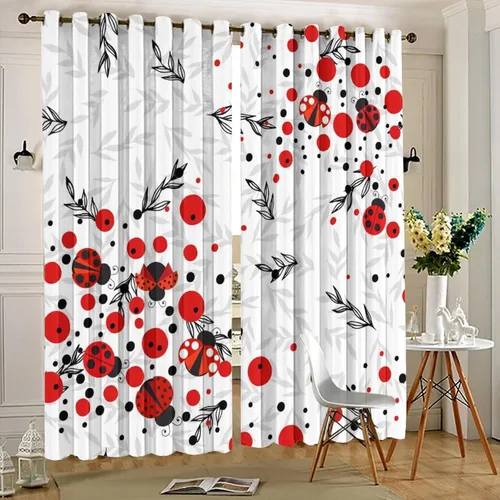 Miniatura 5 de Cortinas opacas de estilo japonés de mariquita de dibujos animados, diseño de eucalipto de mariquita roja y negra, juego de tratamiento de ventana