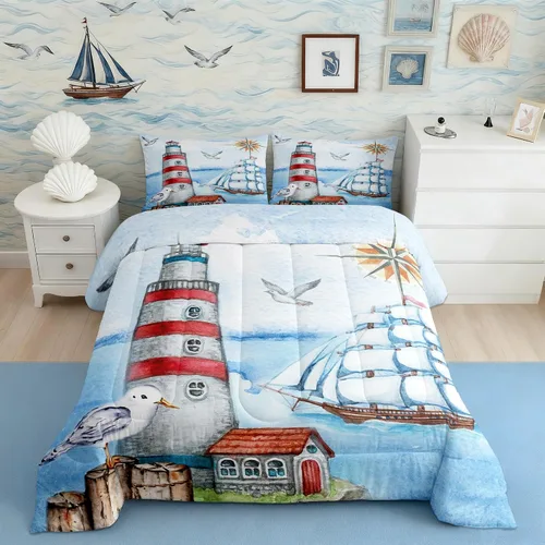 Miniatura 11 de Juego de edredón Lake House tamaño Twin, juego de ropa de cama náutica de navegación con ancla de 2 piezas para decoración de habitación de niños