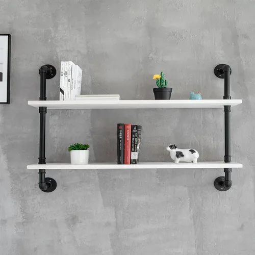 Miniatura 26 de HDDFER - Estantería industrial para tuberías rústicas en blanco, estantes de pared de tubería industrial con tablas de madera, estantes flotantes