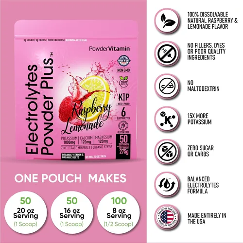 Miniatura 6 de Polvo de electrolitos PowderVitamin Plus (50 porciones) Polvo de electrolitos de frambuesa y limonada cero calorías Keto, 0 azúcar, sin